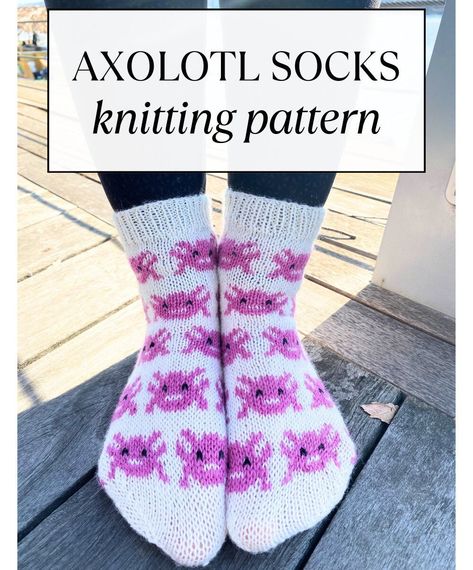 Colorwork Sock Pattern with cute axolotls Axolotl Knitting Pattern, Work Socks, Creative Knitting, Sock Knitting Patterns, Sock Patterns, Knitting Socks, Knitting Patterns, Socks, Knitting