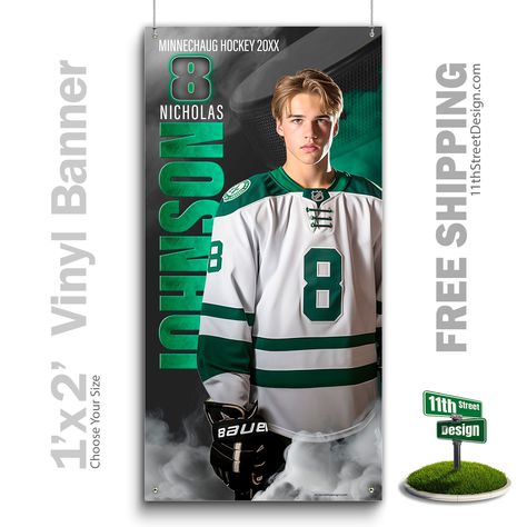 "➡️ Looking for a custom sports photo, printed vinyl hockey banner for senior night and need it fast? You've come to the right shop! We'll add your athlete's photo(s) to our personalized sports banner design and deliver a custom printed vinyl sports banner that looks like the pros! You are purchasing a custom sports photo banner, high quality, 13 oz. vinyl with corner grommets for hanging inside or outside. We will add your photo(s) and text to create the perfect personalized sports banner for s Sports Banner Design, Senior Night Posters, Stadium Lights, Sports Banner, Hockey Posters, Stadium Lighting, Sports Photo, Sports Posters, Photo And Text