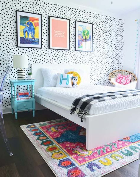 The Best Colorful Tween Girl Bedroom Decorating Ideas | Kate Decorates Black And Colorful Bedroom, Colorful Girls Bedroom, Colorful Kids Room, Bedroom Reveal, Girls Rooms, Girl Bedroom Designs, Girl Bedroom Decor, Kids Room Design