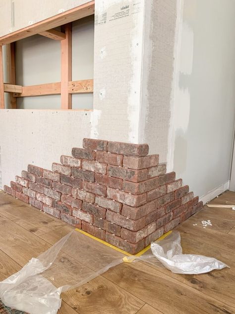 How to Build a DIY Electric Brick Fireplace – Hilltown House Build Fireplace Hearth, How To Build A Brick Fireplace, Electric Fireplace Ideas Brick, Electric Fireplace Brick Surround, Half Wall Brick Fireplace, How To Add A Mantle To A Brick Fireplace, Diy Fireplace Tv Wall Faux Brick, Boho Brick Fireplace, Brick Fireplace Electric Insert