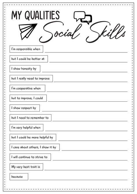 My Qualities Social Skills Worksheets Social Skills Interventions, Social Work Skills, Social Skills Therapy Activities, Sel Worksheets For Middle School, Vision Worksheet, Free Counseling Worksheets, Therapy Homework Assignments, Sel Worksheets, Therapy Activities For Teens