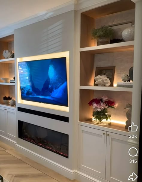 Media Wall Beige, Green Media Wall, Media Wall Fireplace, Built In Tv Wall Unit With Fireplace, Living Room Built In Units, Alcove Storage Living Room, Built In Tv Cabinet, Wall Units With Fireplace, Alcove Ideas Living Room