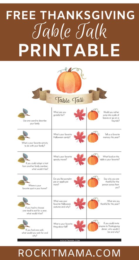 Table Talk Thanksgiving Conversation Game - Free Printable! - Rock it Mama Thanksgiving Table Talk Questions, November Celebrations, Thanksgiving Table Talk, Ward Activities, Thanksgiving Traditions Family, Thankful Printable, Thanksgiving Table Settings Simple, Thanksgiving Lunch, Thanksgiving Tables