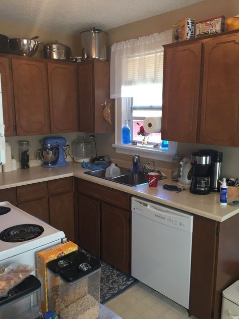 This whole project started because I bought a cornflower blue stand mixer! I was planning on doing a massive renovation in a few years by expanding the kitchen… White Kitchen Nook, Blue Countertops, Makeover Kitchen, Rental Kitchen, Small Dining Area, Dark Wood Cabinets, Brown Kitchen, Pretty Kitchen, Brown Kitchens