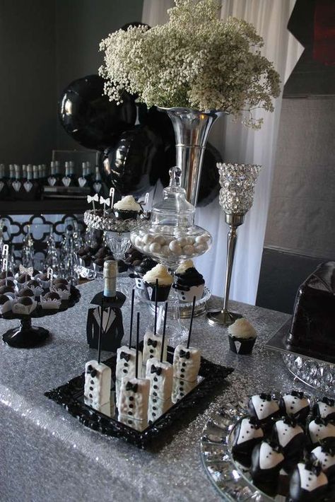 Tuxedo Birthday Party Ideas | Photo 1 of 19 | Catch My Party Mens Birthday Party Decorations, Rodjendanske Torte, Birthday Decorations For Men, Mens Birthday Party, 35th Birthday, 60th Birthday Party, Candy Table, 50th Birthday Party, White Party