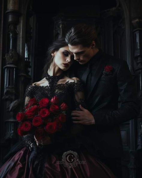 Dark Fantasy Couple Photography, Goth Wedding Photography, Goth Wedding Photoshoot, Gothic Wedding Photos, Couples Halloween Photoshoot, Dark Fae Aesthetic, Vampire Men, Western Couple Photoshoot, Gothic Love