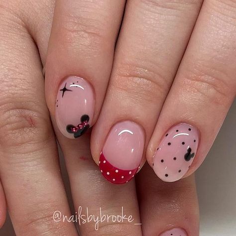 Brooke Jensen on Instagram: "Some fun “minnie-malist” nails for Disney!!😏👏🏼❤️🎢 . .  . . #pinterestinspo #gelpolish #handpaintednailart #naturalnailsonly #utahnailtech #utahnailartist #nailartist #nailart #naildesigns #nailartdesigns #freehandnailart #gelnails #nails #nailmagazine #nailinspo #disneynails #disneylandnails #disneyworldnails #minnienails #minnienailart #redfrenchtipnails #polkadotnails #neutraldisneynails #neutralminnienails #roundnails #rounddisneynails #disney #disneynailart #mickeynails #nailsbybrooke___Disney" Disney Nails With French Tip, Disney Nails Green, Red Minnie Mouse Nails, Simple Disney Manicure, Disney Themed Gel Nails, Minnie And Mickey Nail Designs, Red Nails Disney, Minnie Mouse Nails Designs, Minnie Mouse Nails Simple