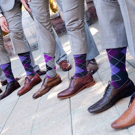 Groomsmen Attire Grey, Purple Groomsmen, Gray Color Palette, Wedding Fotos, Groomsmen Socks, Wedding Colors Purple, Wearing Purple, Argyle Socks, Grey Suit