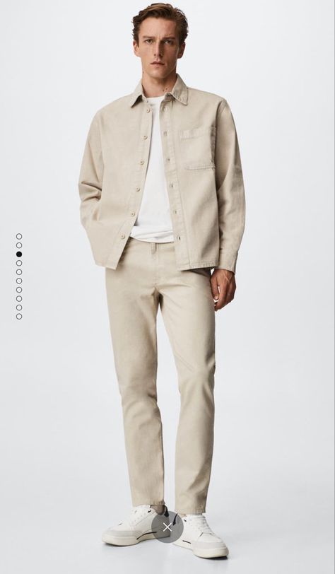 White Beige Outfit Men, Cream Monochrome Outfit Men, Men’s Beige Outfit, Men Neutral Outfit, Men Beige Outfit, Jake Fashion, Khaki Outfit Men, Cream Trousers Outfit, Beige Jeans Outfit