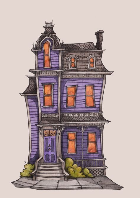 Witches House Art, Witches House Drawing, Painted Halloween House, Halloween Drawings House, Halloween Town Drawings, Monster House Drawing, Cute Haunted House Drawing, Hunted House Draw, Witch House Painting