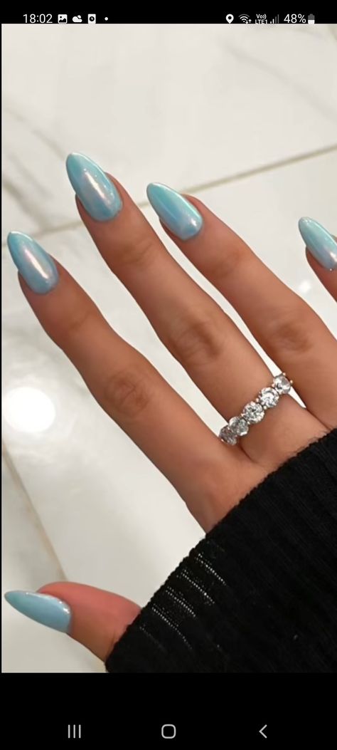 Beach Nails Vacation Ocean Acrylic, Light Blue Opal Nails, Light Blue Almond Shaped Nails, January Nail Inspo Almond, Ocean Aesthetic Nails, Blue Beachy Nails, Nails March 2024, Simple Mermaid Nails, Light Blue Almond Acrylic Nails