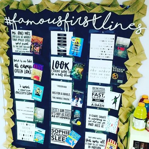 I LOVE this famous first lines bulletin board by @thehungryteacher5th 😍 so cute and eye catching!! #teacherfollowfriday English Bulletin Boards, Ela Bulletin Boards, Middle School Bulletin Boards, Reading Display, School Library Displays, Reading Bulletin Boards, Middle School Libraries, Library Book Displays, High School Library