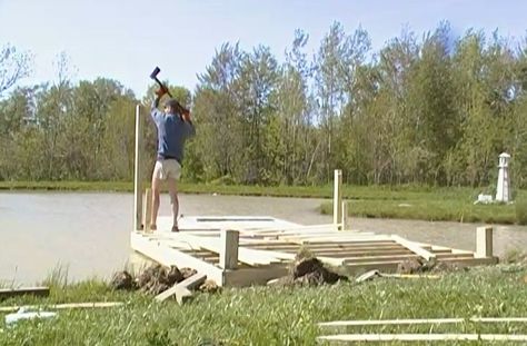 Building a dock (pier) on the farm pond was a little challenge with the pond being ful Pond Deck Ideas, Build A Dock, Pond Dock, Pond Deck, Floating Dock Plans, Diy Dock, Pond Building, Building A Dock, Dock Design