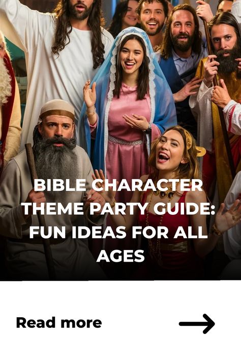 Group of people smiling in biblical costumes, promoting a Bible character theme party guide. Who Am I Bible Characters Game, Bible Themed Party, Character Theme Party, Christian Party, Lamb Kabobs, Christian Articles, Jw Bible, Rainbow Backdrop, Animal Cutouts