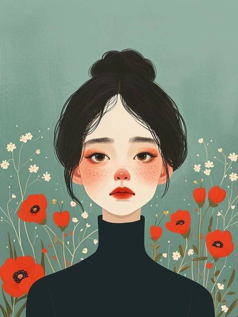 Woman Surrounded By Flowers, Kid Portrait, Boho Art Painting, Drawing Cartoon Faces, Surrounded By Flowers, Card Drawing, Cartoon Faces, Girls Illustration, Portrait Illustration