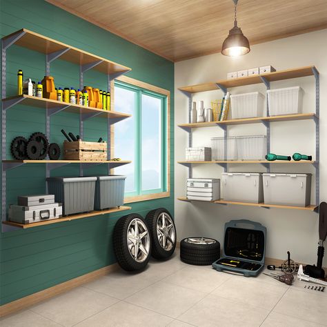 Wooden Garage Shelves, Track Shelving, Garage Wall Shelving, Floating Storage Shelves, Garage Wall Storage, Garage Storage Inspiration, Corner Storage Shelves, Shelving Brackets, Grey Shelves