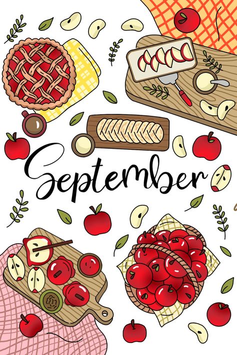 September Calander Theme, September Diary Ideas, September Sketchbook Ideas, September Calander Aesthetic, September Aesthetic Drawing, September Drawing Ideas, Apple Bullet Journal, September Aesthetic Month, September Calendar Ideas