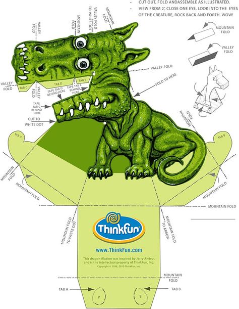 Dragon Illusion | Thinkfun Printable Papercraft Templates, Paper Dragon Ideas Free To Use, Dragon Paper Craft, Funny Tricks, Paperized Crafts, Paper Folding Crafts, Dragon 3d, Illusion 3d, Paper Cutout Art