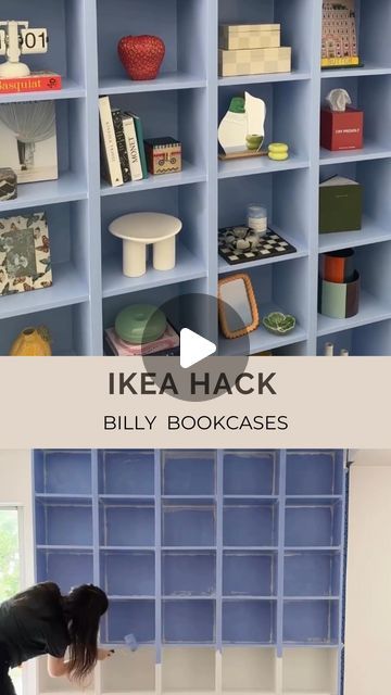 Ikea Hacks and Inspo on Instagram: "Seriously genius IKEA Billy Bookcase Hack! ✨  We get why the Billy is so popular. It’s sleek, it’s able to be configured in so many ways and it’s affordable!   @sareish has completely transformed the look and use of this wall. 🎨 Check it out and prepare to be inspired!   What do you think about the color? 💙  . . .  If you’re the owner of this content and want it removed please DM us. Thanks 📧   #homeinspo #instahome #neutralhome #scandinaviandesign #homeinspo #scandinavianhome #interior4you #interiordesign #billybookcase #colorful  #decoidea #homesweethome #decorationgoals #colorfulfurniture #blue  #diy #homemade #ikeahack #affordablehomedecor #budgettipshometricks" Blue Billy Bookcase, Billy Hack Ikea, Ikea Blue Bookshelf, Ikea Blue Billy Bookcase, Renter Friendly Billy Bookcase, Billy Diy, Ikea Billy Bookcase Without Back, How To Connect Billy Bookcases, Ikea Bookshelf Hack