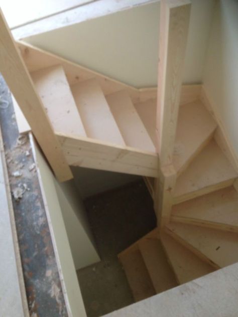 Stairs For Tiny Spaces, Double Turn Staircase, Stairs To Attic Conversion Small Spaces, Kite Winder Staircase, Staircase Tiny House, Enclosed Spiral Staircase, Compact Staircase Ideas, Double Winder Staircase, Kite Staircase