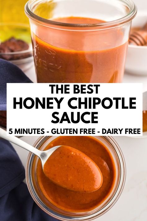 Honey chipotle sauce is sweet, smoky, spicy and so easy to make. Ready in just 5 minutes, this spicy honey sauce is made with pantry staples (no ketchup in this sauce). This recipe is naturally gluten free, dairy free and paleo friendly. Use this on chicken, shrimp, salmon, fries or veggies. Chipotle Sauce Recipe, Honey Chipotle Sauce, Sweet Potato Tater Tots, Honey Chipotle, Sweet Potato Wedges, Honey Sauce, Taco Sauce, Spicy Honey, Chipotle Sauce