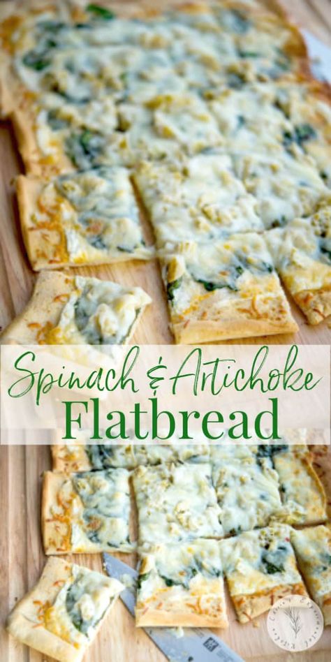 This Spinach & Artichoke Flatbread made with baby spinach, artichoke hearts and a lemony, cheese sauce is perfect for pizza night or game day snacking. #flatbread #pizza #appetizer Healthy Flatbread Recipes Clean Eating, Flat Breads Ideas Appetizers, Flat Bread Appetizers Flatbread Recipes, Flatbread Appetizers Easy, Artichoke Flatbread Pizza, Spinach Artichoke Flatbread, Jalapeno Recipes Appetizers, Artichoke Flatbread, Friendsgiving Recipes Appetizers