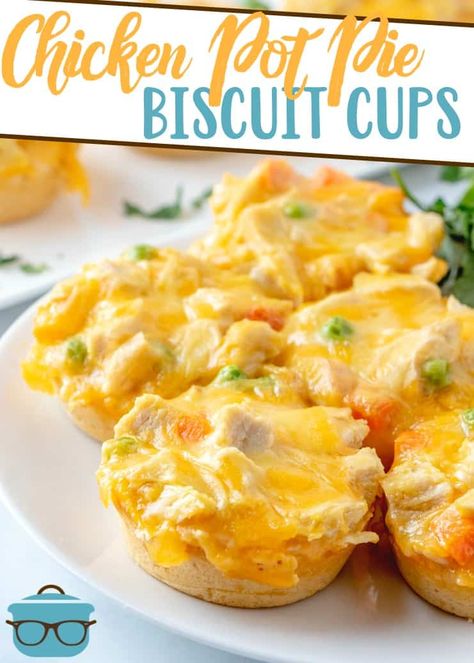 These Chicken Pot Pie Biscuit Cups have only 5 ingredients: biscuits, chicken, veggies, cheese and cream of chicken! Dinner done in 30 minutes. Chicken Pot Pie Biscuit Cups, Chicken Pie Biscuits, Chicken Pot Pie Cups Muffin Tins, Chicken Pot Pie Biscuits Recipe, Chicken Pot Pie Muffin Cups, Chicken Pot Pie For Two, Pot Pie Cups, Chicken Cups, Biscuit Cups