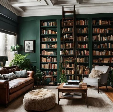 Green Library Room, Bedroom Library Ideas, Farmhouse Library, Flex Room Ideas, Color In Interior Design, Green Bookshelves, Green Library, Game Room Ideas, Bookshelf Room