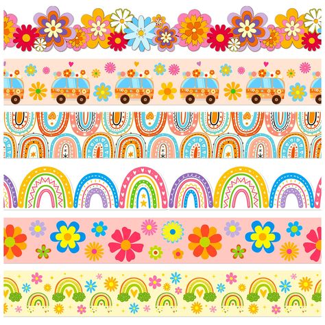 PRICES MAY VARY. Boho Bulletin Board Borders Set: The package contains 90 pieces of boho theme bulletin borders in 6 design, each design contains 15 pieces, and the total length of the sticker is 88ft. Which is sufficient for you to decorate the classroom and children's playroom. Well Made: The groovy retro hippie bulletin board is made of premium cardstock. The pattern is modern bohemian style, and the surface is covered with a waterproof film, and not easy to break, for long-time use. The pape 80s Playground, Boho Bulletin Board, Classroom Decor Art, Boho Classroom Decor, Bulletin Borders, Home Party Decorations, Border Sticker, Boho Store, Boho Classroom