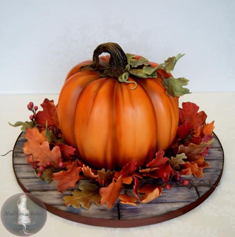 Pumpkin Cake For Fall - Cake by Tonya Alvey Fondant Pumpkin Cake, Pumpkin Cake Design, Autumn Cakes, Pumpkin Shaped Cake, Super Torte, Halloween Torte, Airbrush Cake, Dessert Halloween, Thanksgiving Cakes