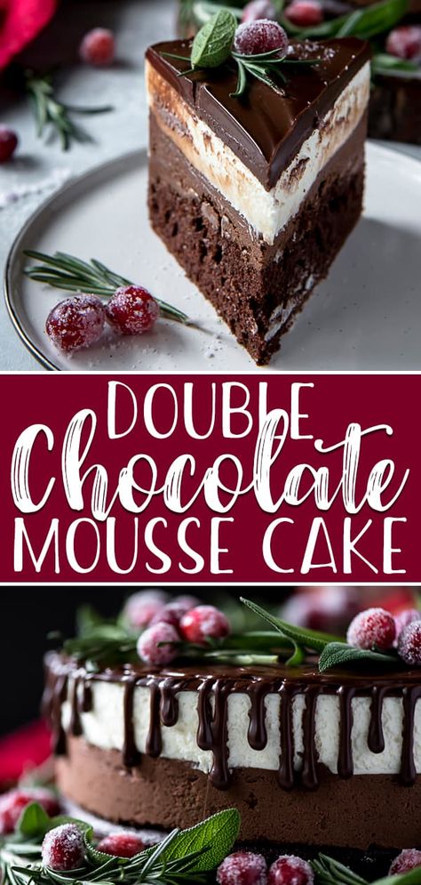 Your search for a holiday showstopper ends with this Double Chocolate Mousse Cake! Fluffy chocolate cake topped with dark and white chocolate mousse, ganache, and a festive herb wreath garnished with sugared cranberries. If the holidays are long over, fresh berries would make for an equally beautiful cake! Mousse Cake Filling, Double Chocolate Mousse, Chocolate Mousse Cake Filling, Fluffy Chocolate Cake, Chocolate Mousse Cake Recipe, Herb Wreath, Mousse Cake Recipe, Mousse Cakes, Baked Dessert