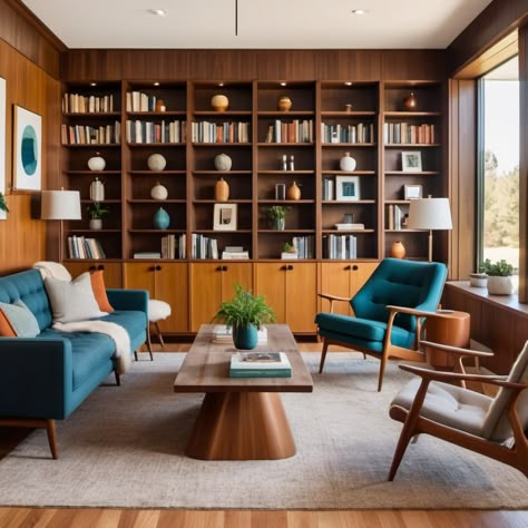 Cozy | Mid Century Modern Library Mid Century Library Bookshelves, Mid Century Modern Basement Ideas, Mid Century Built In Bookshelves, Library Mid Century, Mid Century Modern Library, Mid Century Modern Study, Mid Century Home Office, Cozy Mid Century Modern, Mid Century Library