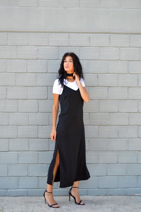 @ Dress With Tshirt, Black Maxi Dress Outfit, Plain White T Shirt, Maxi Dress Outfit, Cami Maxi Dress, Strappy Dresses, Modest Fashion Outfits, Tshirt Outfits, Cami Dress