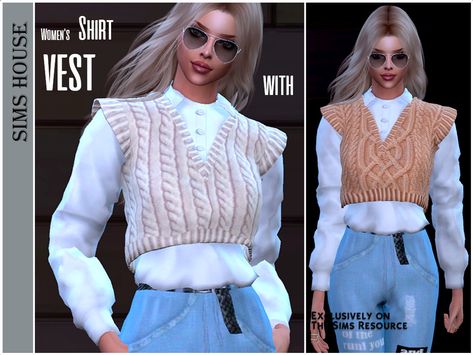 Sims 4 White Shirt, Sims 4 Sweater Vest, Sims 4 Cc Clothes Female Aesthetic Tops, Shirt With Vest, Long Sleeve Top Design, Ts4 Clothes, Cc Clothing, Ts4 Mods, Womens Denim Overalls