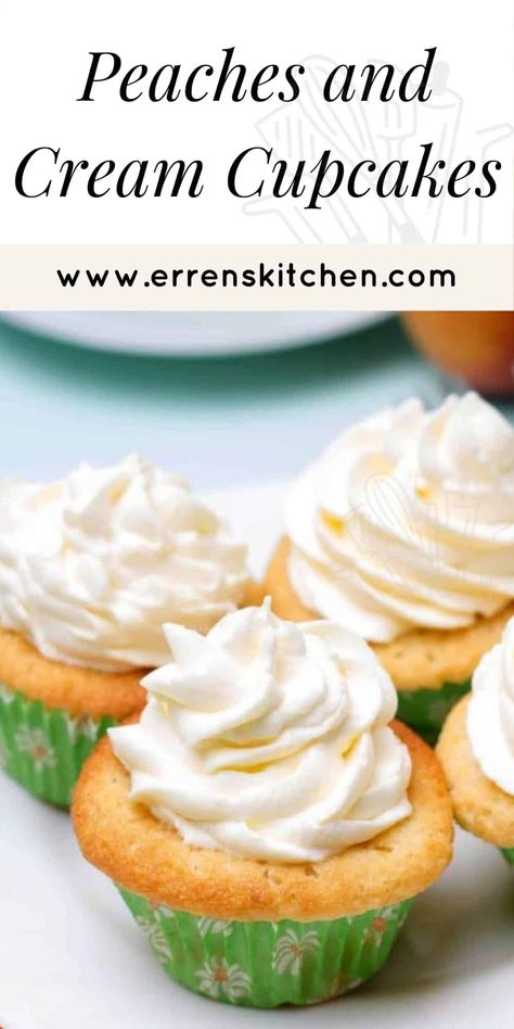 This creative yet easy recipe for Peaches and Cream Cupcakes are simply decorated and perfect for birthdays or party food, why not involve the family baking isn’t just for kids! #ErrensKitchen #baking #cupcakes Fruity Cupcakes, Peach Cupcakes, Fresh Whipped Cream, Peach Recipes, Fruity Cake, Cream Cupcakes, Family Baking, Boozy Desserts, Treats Recipes