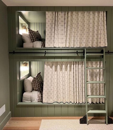 @erikampowelltextiles • Instagram photos and videos Bunk Room With Curtains, Teen Room Bunk Beds, Cosy Bunk Beds, Built In Bunk Beds With Curtains, Bunk Room For Small Space, Bunk Room Curtains, Closet To Bunk Beds, Rustic Built In Bunk Beds, Built In Bunks 8 Ft Ceiling