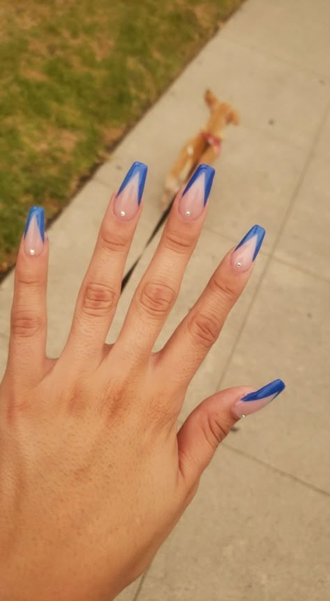 Blue Triangle French Tip Nails, Blue V Tip Nails, Blue V French Tip Nails, Cut Acrylic Nails, Blue And Glitter Nails, French Tip Swirl, V Tip Nails, V French Tip, Nails Long Acrylic