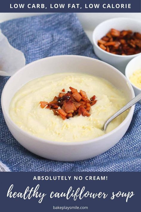 The ultimate healthy and creamy cauliflower soup... that's made with absolutely NO cream at all! Low fat, low calorie, low carb and totally delicious! #healthy #cauliflower #soup #creamy #thermomix #conventional #recipe Weight Watchers Cauliflower Soup, Soups Creamy, Cauliflower Soup Healthy, Whole30 Soup, Low Fat Soups, Thermomix Soup, Low Calorie Low Carb, Sleeve Recipes, Fat Burning Soup