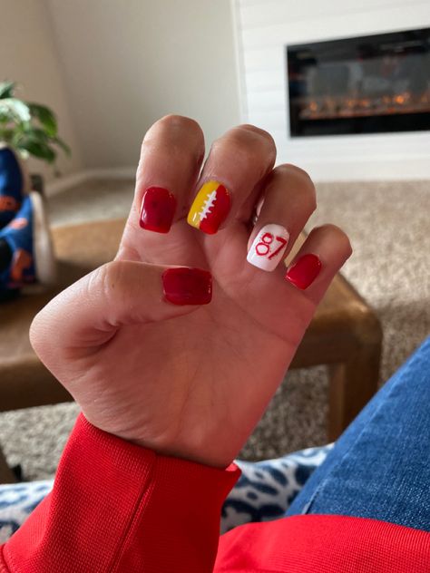 Chiefs Inspired Nails, Kanas City Chiefs Nails, Kansas City Chiefs Acrylic Nails, Super Bowl Nails Chiefs, Chief Nails Kansas City, Kansas City Nails, Kansas City Chiefs Nails Designs, Chief Nails, Kansas City Chiefs Nails