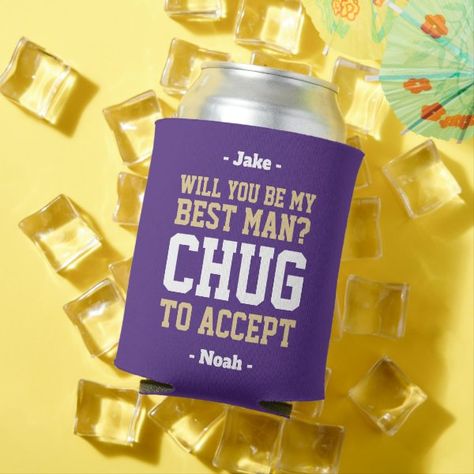 Best Man Proposal Chug to Accept Purple and Gold Can Cooler Gold And White Design, Wedding Party Gifts Groomsmen, Be My Best Man, Best Man Proposal, Bachelor Party Favors, Groomsman Proposal, Beer Sleeve, Be My Groomsman, Beer Theme