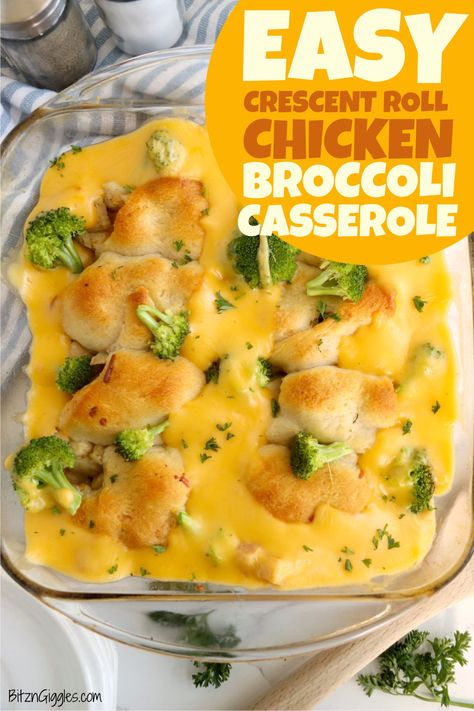 Chicken Broccoli Crescent Roll Casserole - Tender chicken and steamed broccoli florets folded in buttery flaky crescent rolls and covered in a delicious cheesy sauce. Chicken Broccoli Crescent, Crescent Roll Casserole, Easy Crescent Rolls, Chicken Crescent Rolls, Crescent Recipes, Cheesy Chicken Broccoli, Fresh Fruit Recipes, Chicken Broccoli Casserole, Chicken And Broccoli