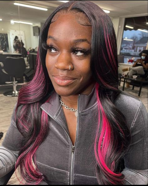 Pink Highlight Sew In, Weave With Pink Highlights, Quick Weave With Pink Highlights, Peak A Boo Hair, Hair Quick Weave, Pink Peekaboo Highlights, Pink Peekaboo Hair, Pink Peekaboo, Peekaboo Hair Colors