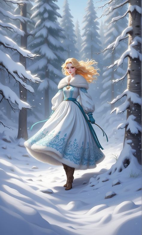 Snow Queen Art, Princess Dress Drawing, Blonde Characters, Characters Female, Snow Maiden, Winter Princess, Snow Princess, Winter Cottage, Snow Girl