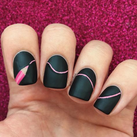 21  Chic and Easy Black Nail Designs for Effortless Style - DrExplains Teacher Nail Art, Nessa Nails, Teacher Nails, School Nail Art, Natural Nail Art, Pink Pencil, Back To School Nails, Her Nails, School Nails