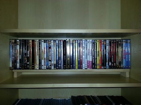 Billy Bookshelf DVD Shelves - IKEA Hackers Storage Unit Ideas, Ikea Dvd Storage, Dvd Storage Ideas, Dvd Storage Shelves, Flat Screen Tv Stand, Billy Bookcases, Dvd Shelves, Family Room Inspiration, Cd Storage