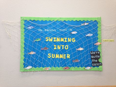 swimming into summer #preschool #bulletinboard #summer #fish Window Display Classroom, Summer Window Display Preschool, 3d Bulletin Boards, Summer Bulletin Board, Summer School Activities, Summer Window Display, Daycare Classroom, Summer Bulletin Boards, Teacher Board