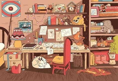 #room #hilda #art #cartoon #workspace Images Kawaii, Posca Art, Anime Room, Arte Inspo, Cartoon Background, Animation Background, Art And Illustration, Environment Concept Art, Art Room