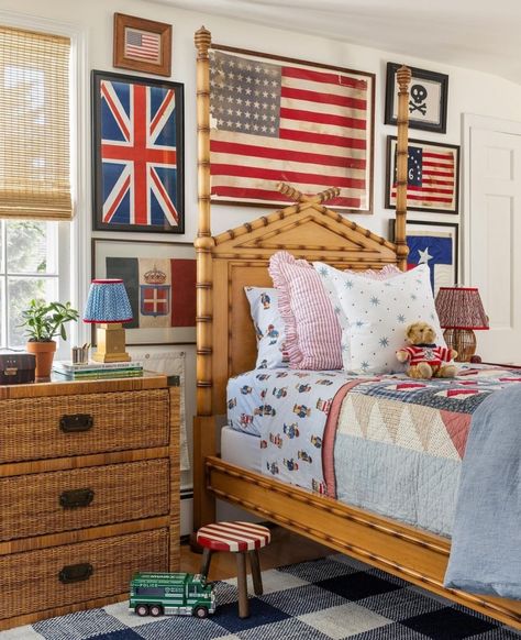 Gina McDade (@virginia_mcdade_designs) • Instagram photos and videos British Themed Rooms, Americana Nursery, Sports Memorabilia Room, Americana Room, Vintage Boys Bedrooms, Blue Boys Bedroom, Big Boy Bedrooms, Extra Bedroom, Blue Furniture