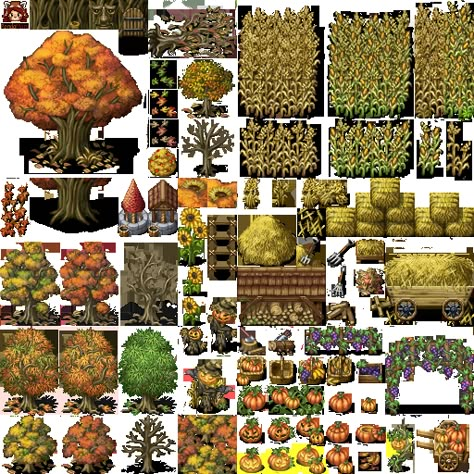 Autum Set by SchwarzeNacht on DeviantArt Rpg Maker Vx Ace Tilesets, Rpg Maker Mv Characters, Rpg Maker Mv Tilesets, Rpg Maker Tileset, Rpg Tileset, Pixel Art Tileset, Rpg Character Sheet, Rpg Wallpaper, 2d Rpg