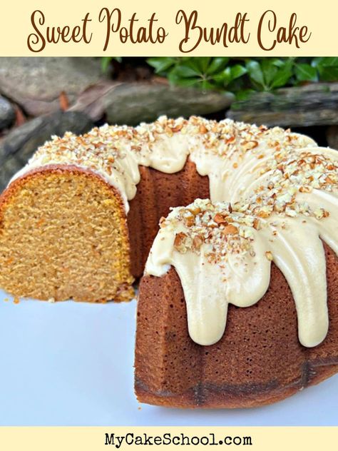 Sweet Potato Bundt Cake - My Cake School Sweet Potato Bundt Cake Recipe, Sweet Potato Bundt Cake, Potato Desserts, Bundt Recipes, Fall Cake Recipes, Pumpkin Bundt Cake, Sweet Potato Cake, Italian Cream Cakes, Caramel Glaze